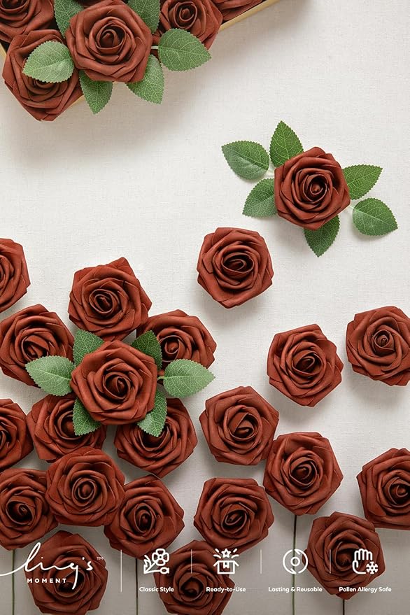 Ling's moment Fall Artificial Flowers 25Pcs Amber Roses Decor w/Stems,3" Real Touch DIY Foam Floral for Wedding Bouquet/Centerpieces, Outdoors Party Backdrop, Room/Table, and Garden/Pot Decorations