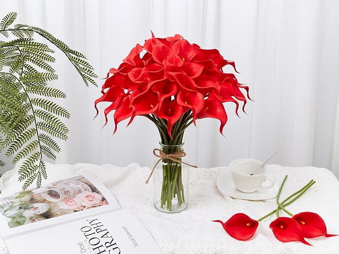 24 Pcs Red Artificial Calla Lily Flowers Fake Red Silk Flowers Real Touch for Wedding Bouquet Office Home Kitchen Decor