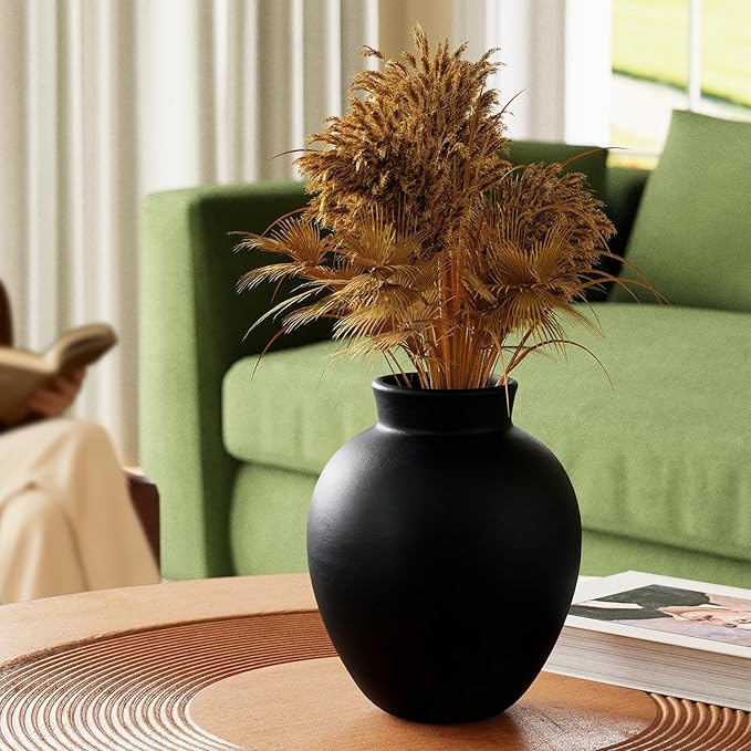 Ceramic Flower Vase, 6 Inch Decorative Rustic Vase Farmhouse Boho Vase for Centerpieces,Terracotta Vases for Home Decor, Living Room,Shelf,Wedding,Black
