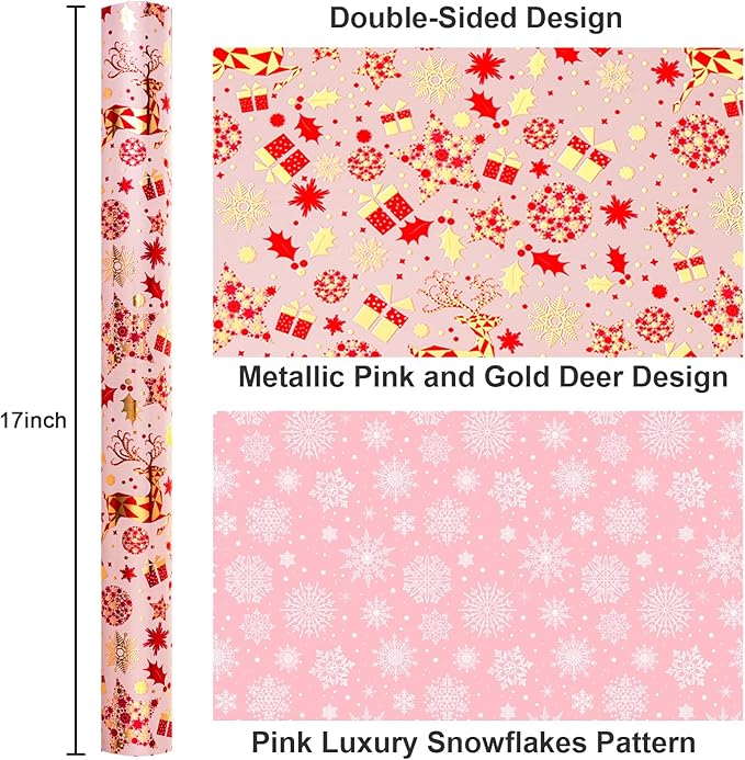 Yarcony Pink Christmas Gift Wrapping Paper, Reindeer Wrapping Paper, Elegant Vintage Pink and Gold Deer Girls Holiday Gift Wrap with Metallic Shine for Christmas Presents, Party (17Inch x 33Feet)