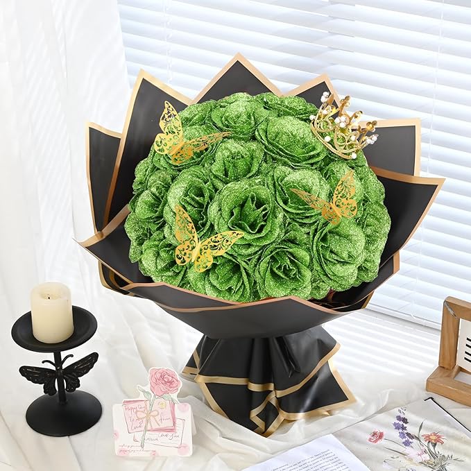 Waipfaru Glitter Roses Bouquet, DIY Green Fake Flowers Bouquet, Birthday Gifts for Women Mom, 36 Pcs Rose for Wife Girlfriend Valentines, Mothers Day, Graduation, St. Patrick's Day