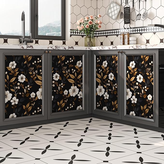 Vintage Black Floral Wallpaper Peel and Stick 17.4" x 118", Retro Golden Leaf White Flower Pattern Contact Paper Classic Removable Covering for Bedroom Bathroom Cabinet Drawer Home Decor Dark