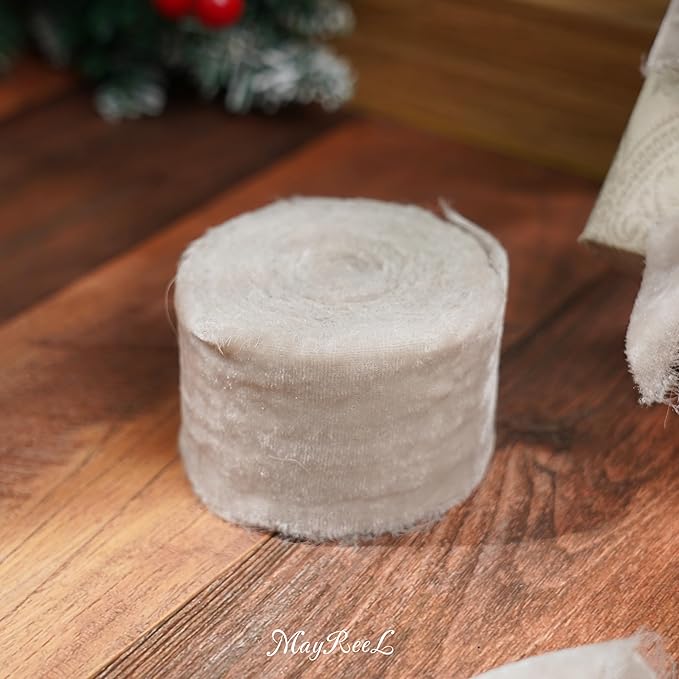 MAYREEL 2 Inch Taupe Velvet Ribbon Hand Torn Beige Silk Frayed Edge Ribbon for Bridal Bouquets Invitations Wedding Vow Books Gift Baskets Hair Bows 3 Yards
