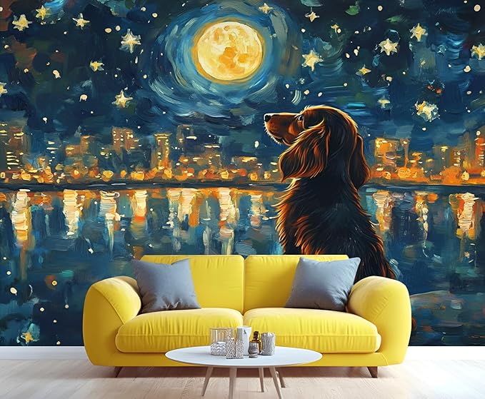 KIREUPA Dog and Moon Night Sky Wall Mural, Starry Night Cityscape 3d Wall Murals, Nighttime Dog Reflection Wallpaper Mural, for Living Room Bedroom Large Wallpaper Indoor Decor 177.16" W x120 H