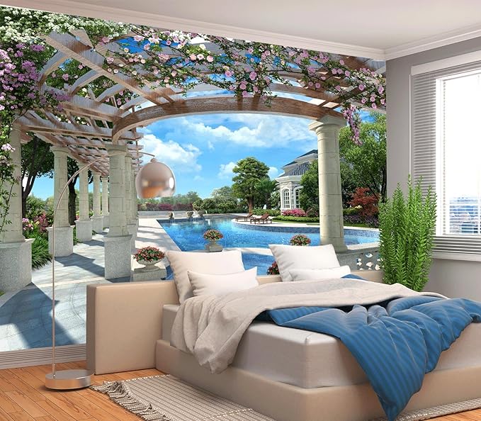 Cliouar-Backyard Villa with Swimming Pool Wall Mural Wallpaper Peel and Stick 90" x 67"