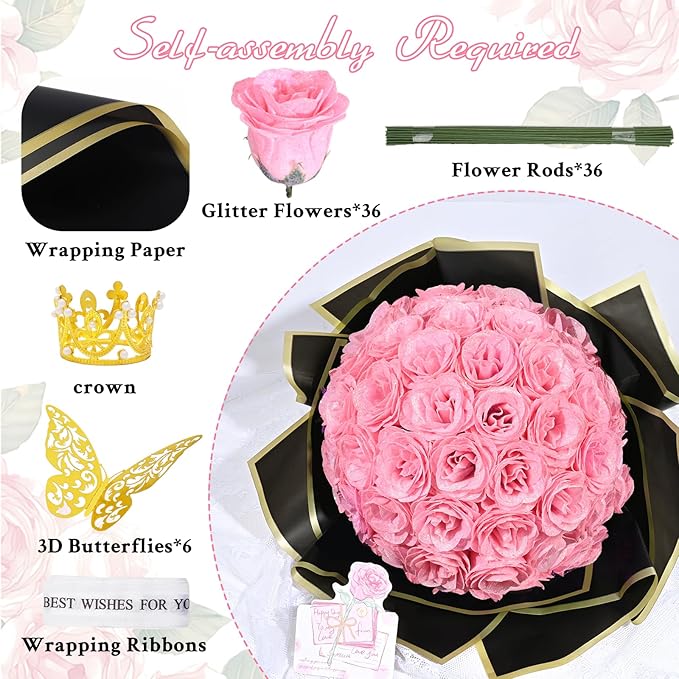 Waipfaru 36 Pcs Glitter Roses Bouquet, DIY Fake Flowers Bouquet, Artificial Pink Rose Bouquet for Valentines, Mothers Day Gifts, Anniversary, Engagement, Wedding