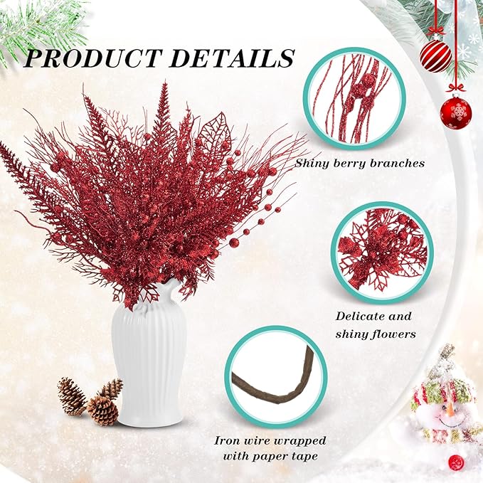 30 Pcs Artificial Christmas Tree Picks and Sprays Glitter Berry Stem Branches Holly Floral Picks Twigs Christmas Tree Ornaments for DIY Xmas Wreath Vase Filler Decorations(Red)