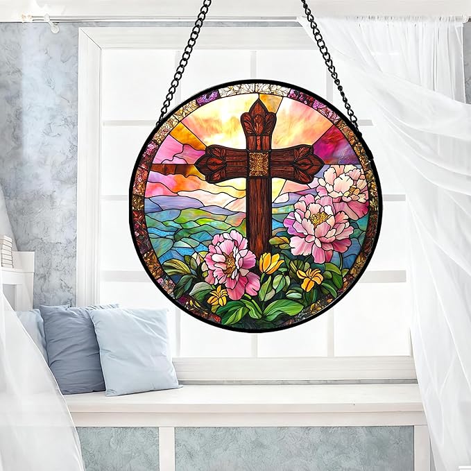 Christian Gifts for Women - Cross Stained Glass Window Hanging Jesus Easter Pink Flower Peony Sun Catcher Garden Religion Decor Mother's Day Catholic Gift for Men Grandma Mom Her Nana 11.8"