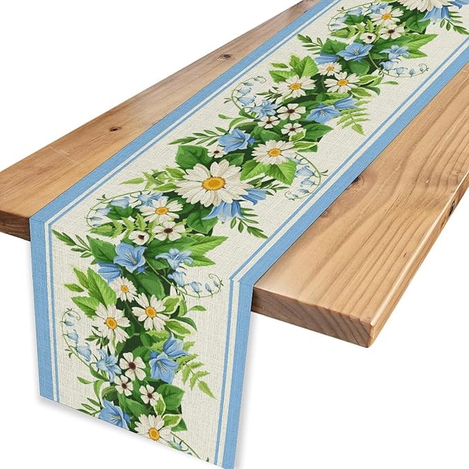 Wild Flower Table Runner, Vintage Seasonal Spring Daisy Flower Rustic Blue Farmhouse Table Center Decor for Family Kitchen Farmhouse Holiday Party Table Decorations Indoor Outdoor 13x108 inch