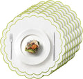 Set of 8 Cotton Linen Placemats, 15x15 Scalloped Flower Embroidery Cloth Table Mats Double Layered Fabric Machine Washable Wrinkle Free Dining Placemat for Restaurant Kitchen Decor, White with Green