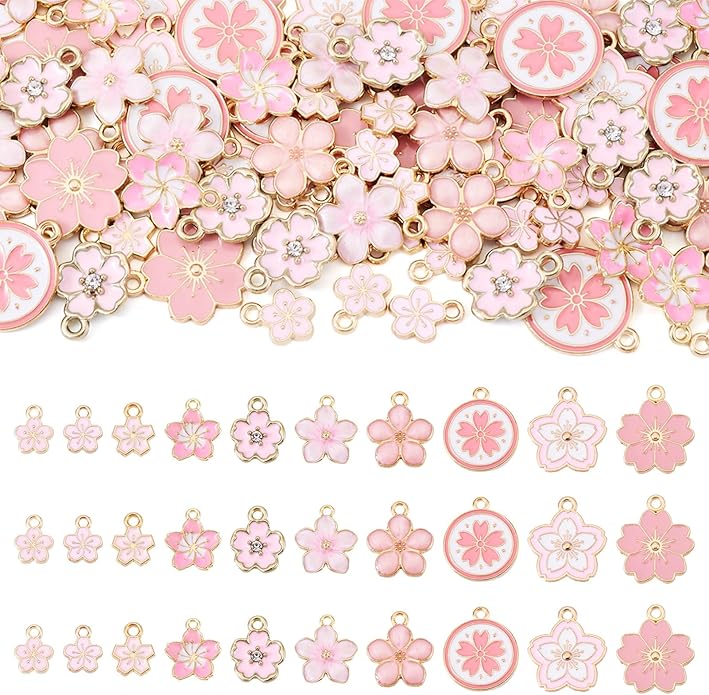 KISSITTY 100Pcs Light Gold Alloy Enamel Charms Cherry Blossom Flower Charm Bulk Gold Plated Pendant Cute Small Floral Dangle Charms for DIY Jewelry Making Kit Bracelet Necklace Keychain Crafts