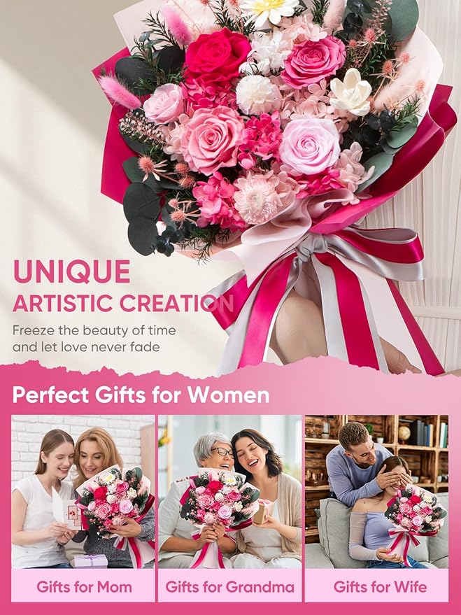 Flowers for Delivery Preserved Flower Fresh Bouquet Forever Flowers Birthday Gifts for Women Mom Anniversary Pink Real Rose Gifts for Grandma Sister Wife Her from Daughter Home Wedding Decor