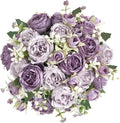 Mkono Peonies Artificial Flowers, Small Silk Flowers for Home Decor Indoor Fake Bouquet Faux Floral Arrangements Dining Table Centerpieces for Kitchen Bridal Wedding Party Decor Purple