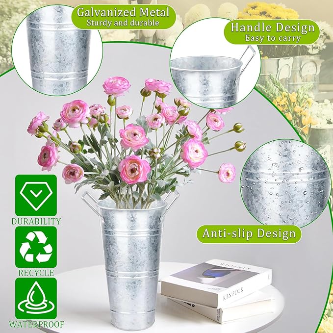 8 Set Galvanized Flower Buckets, 10 Inch Metal Vases for Flowers Rustic Flower Bucket Farmhouse Flower Bucket Vases with Small Chalkboard Label Flower Bar Supplies Rustic Vases for Home Garden Wedding