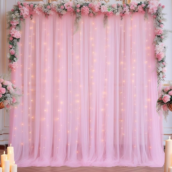 10x8ft Baby Pink Tulle Backdrop Curtain with Lights String for Parites, Sheer Backdrop Curtains for Wedding Baby Shower Birthday Party Photo Shoot Decorations