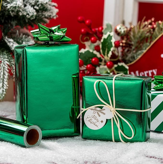 Merture Metallic Dark Green Wrapping Paper Roll - 17 In X 32.8 Ft(46.5 sq.ft.) with Stripe