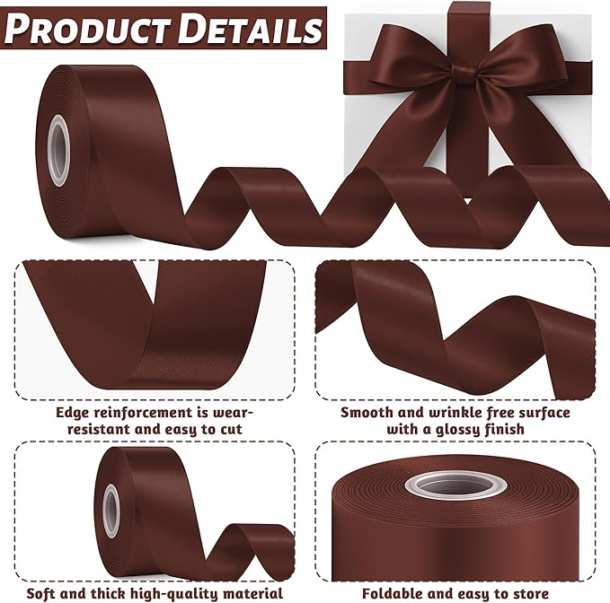 Fullive 1 1/2 Inch Brown Ribbon, 30 Yards Ribbon for Gift Wrapping, Polyester Ribbons for Flower Bouquet for Birthday Holiday Christmas Decorations DIY Bows Wrapping Bouquet Floral Arrangements