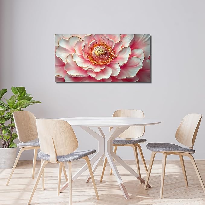 Pink & White Peony Floral Canvas Wall Art with Gold Accents, Abstract Flower Pictures for Living Room Bedroom Wall Decor, Printed Painting Artwork Home Decorations, Size 40x20 Inches - Ready to Hang