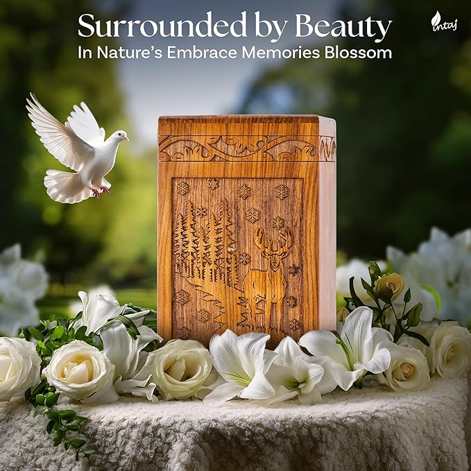 INTAJ Handcarved Rosewood Deer Keepsake Urn for Human Ashes - Mini 20 lbs Capacity Forest Scene Wooden Cremation Urn Box for Sharing Infant - Decorative Wildlife Memorial Casket Secure