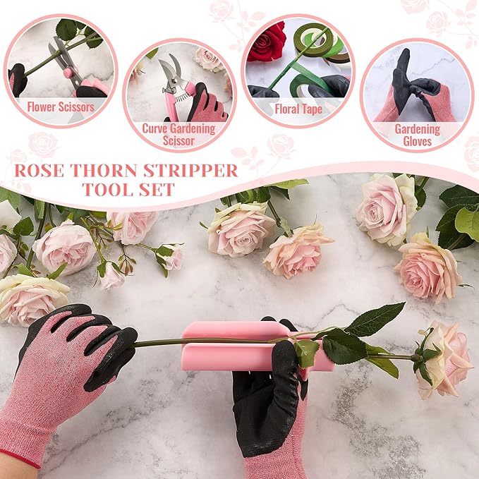 Lasnten 9 Pcs Rose Stripper Thorn Remover Set Include 1 Rose Thorn Stripper Tool 5 Floral Tape 1 Flower Scissor 1 Curve Gardening Scissors 1 Pair Gardening Gloves for Home Wedding Florist(Pink)