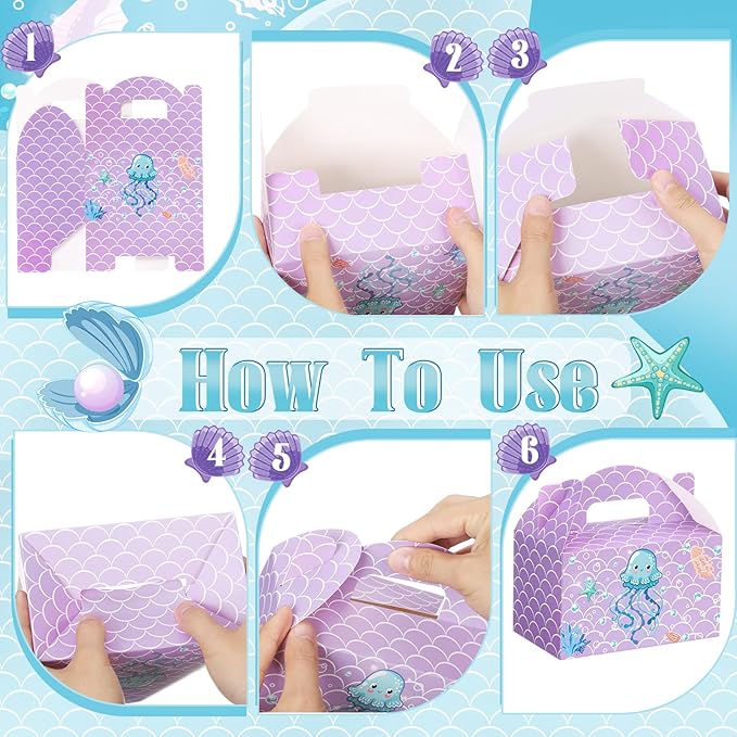 24 Pcs Mermaid Party Favors Treat Boxes Shell Pearl Mermaid Goodie Bags Candy Gift Bags Ocean Gable Box with Handles for Girls Under The Sea Birthday Party Supplies