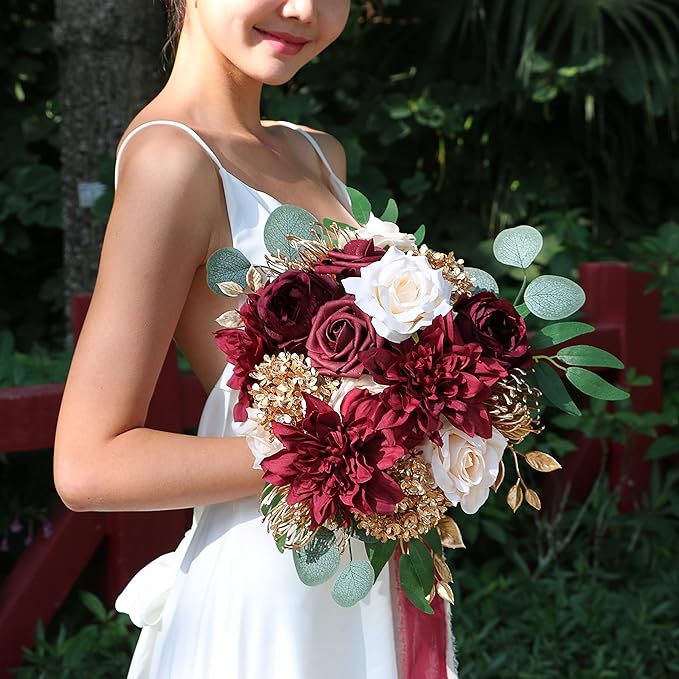 ponatia Artificial Flowers Wedding Flowers Combo for DIY Wedding Bouquets Party Decorations (Gold & Brugundy & Cream)
