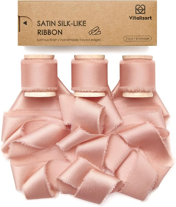 Vitalizart Pink Silk Satin Ribbon 1 Inch x 15 Yard Wooden Spool Handmade Frayed Ribbon for Gift Wrapping Baby Shower Wedding Bridal Bouquets Holiday Decor 3 Rolls x 5 Yard