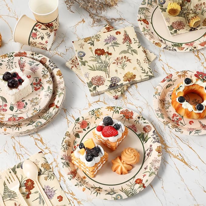 Roshtia 50 Set Floral Party Supplies Flower Paper Plates Napkins Tablewares Disposable Flower Dinnerware for Girls Women Floral Birthday Tea Party Decorations Favors