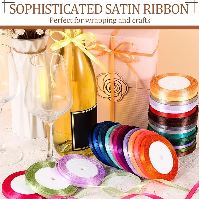 40 Rolls Satin Ribbons Colorful Fabric Ribbons Assorted Solid Rainbow for Gift Wrapping Bows Crafts DIY Bouquet Christmas Wedding Shower Decor(1/4" Wide,1000 Yd Long,Multicolor)