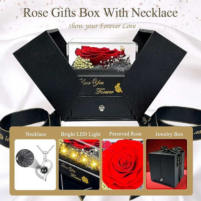 Preserved Real Rose-Eternal Flowers Rose Mothers Day for Mom Women Her Wife Girlfriend on Birthday Valentines with I Love You Necklace 100 Languages Romantic Gift