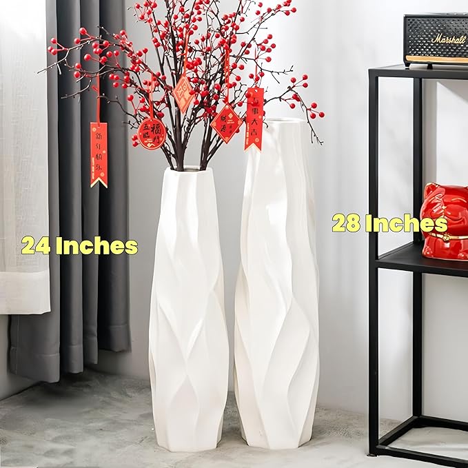 Large Floor Ceramic Tall Vase 28 Inches,White Modern Flower Tall Vases for Office, Home,Farmhouse,Living Room Décor,Simple Origami Design Fall Decorative Porcelain Flower Arrangement Vase Ideal Gift