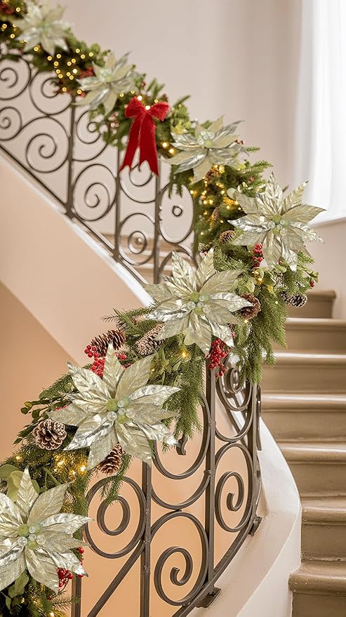 3 Pcs Artificial Christmas Flowers 13 Inch Glitter Poinsettia Picks Christmas Tree Ornaments Topper Decorations Champagne Poinsettias Flowers for Xmas New Year Wreath Garland Wedding Home Decor