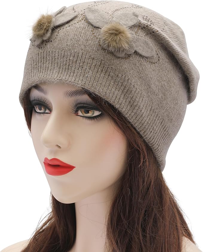 ZLYC Women Floral Slouchy Beanie Hat Double Layer Winter Knit Skull Cap