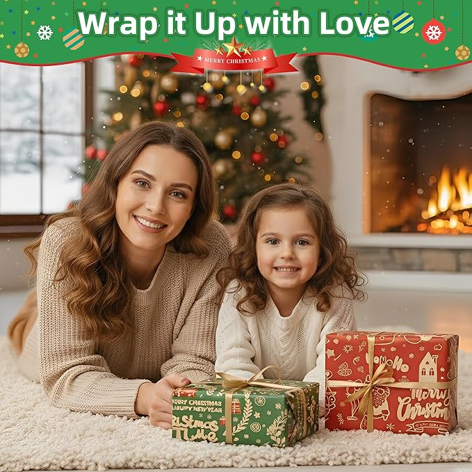 Anvure Christmas Wrapping Paper (4 Rolls: 93 sq. ft. ttl.) Kraft Set Featuring Santa Claus, Snowman & Xmas Presents, Red & Green Holiday Designs for All Gift Wrap Needs 17 Inch X 16.4 Feet Per Roll