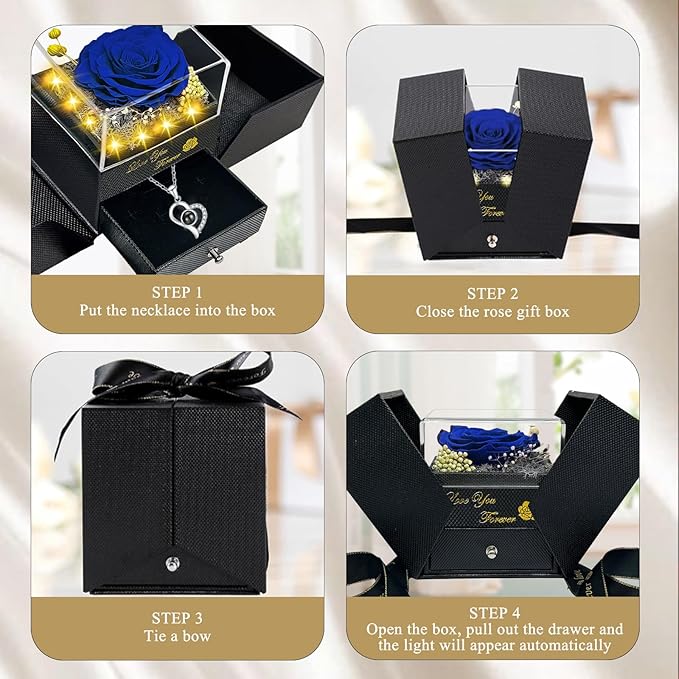 Preserved Real Rose-Eternal Flowers Blue Rose Gifts for Women Her Mom Wife Girlfriend on Valentines Mothers Day with I Love You Necklace 100 Languages Engraved Acrylic Block Puzzle Piece