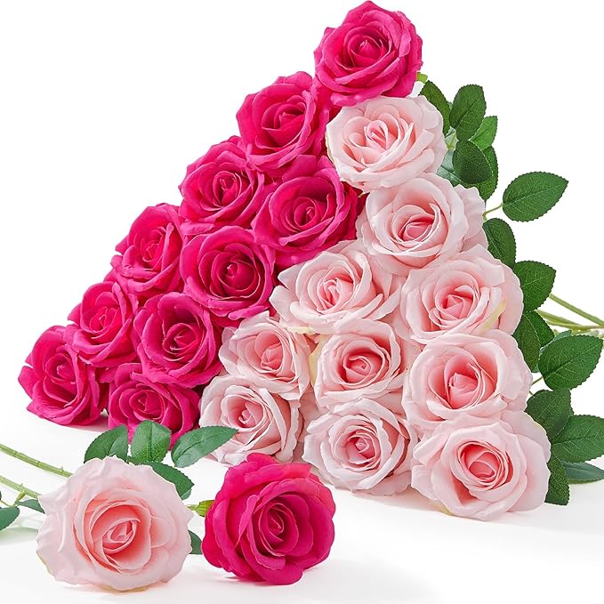 Serwalin 20pcs Artificial Pink & Hot Pink Roses, 4'' Big Flower Head, Fake Velvet Roses, Silk Roses Long Stems Realistic Bouquet for Wedding Parties Table Centerpiece and Home Decor