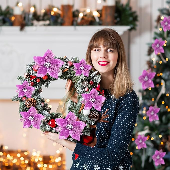 WILLBOND 36 Pieces Christmas Poinsettia Glitter Faux Flowers Christmas Artificial Flowers Tree Ornaments Topper Xmas Decorations(Light Purple)