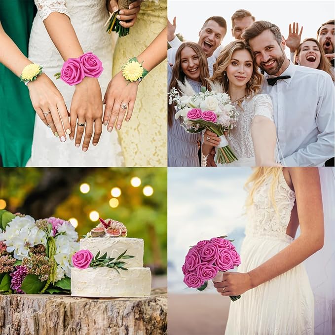 JOYLEX Artificial Flowers Realistic Roses, Real Looking Fake Roses with Stem for DIY Wedding Bouquets Centerpieces Bridal Shower Party Home Romantic Decorations (Hot Pink, Regular 3" - 200pcs)