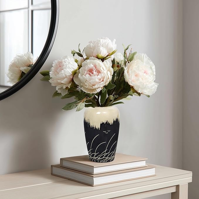 Black and White Vase, 8 Inch Modern Ceramic Vase for Pampas Grass, Farmhouse Decorative Vases for Home Decor, Centerpiece for Kitchen Table, Living Room Shelf Decor