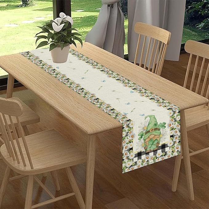 Daisy Gnome Table Runner, Butterfly Truck Buffalo Plaid Yellow Summer Farmhouse Decor for Family Kitchen Farmhouse Holiday Party Table Decorations Indoor Outdoor 13x90 inch