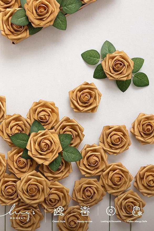 Ling's moment Fall Artificial Flowers 25Pcs Shimmer Gold Roses w/Stems,3" Real Touch DIY Foam Floral for Wedding Bouquet/Centerpieces, Outdoors Party Backdrop, Room/Table, and Garden/Pot Decorations