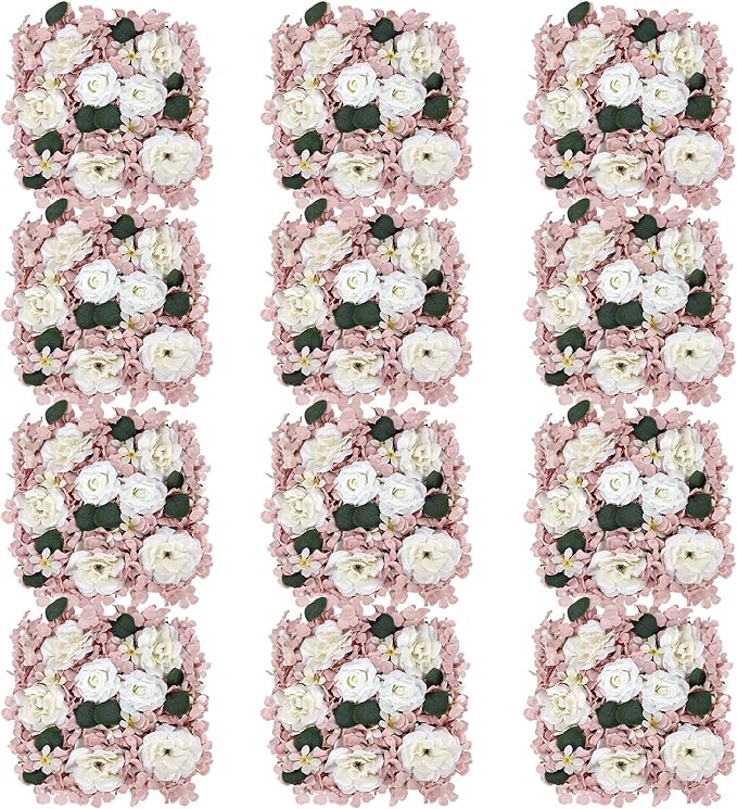 Pack of 12 Artificial Silk Flower Panels, Faux Floral Wall Background for Wedding Party Engagement Bridal Shower Arrangement Home Decorations - Dusty Pink & White