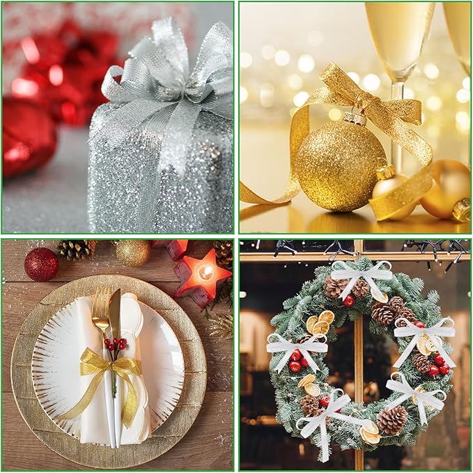 DECYOOL 4 Rolls 100 Yards Christmas Satin Ribbons 15mm Wide Holiday Craft Ribbons for Gift Wrapping and Xmas Decoration, Gold & Silver