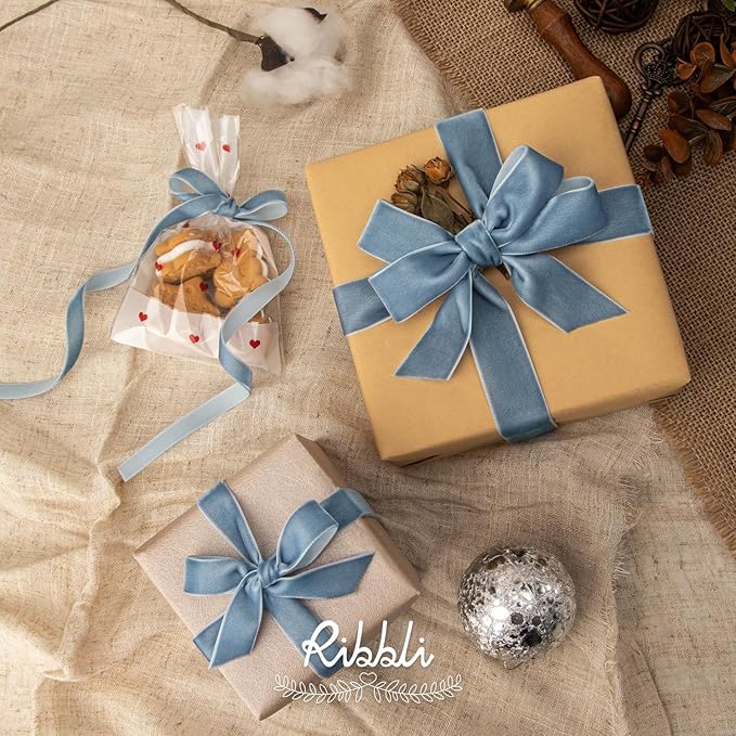 Ribbli Dusty Blue Velvet Ribbon 1 Inches Continuous 25 Yard Spool Dusty Blue Christmas Ribbon for Gift Wrapping Crafts Home Decor