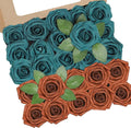 Artificial Flowers, 25pcs Artificial Rose for DIY Wedding Bouquets Centerpieces Arrangements, Terracotta and Dark Teal Foam Roses with Stem for Party Home Decorations