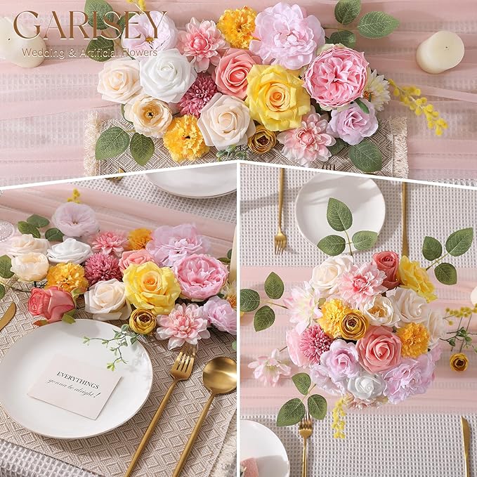 Artificial Flowers Combo, Mix Silk Flowers Roses, Peonies, Dahlias with Stems for DIY Wedding Bridal Bouquet, Baby Shower, Table Centerpieces, Home Decor, Floral Arrangements-Pink Yellow