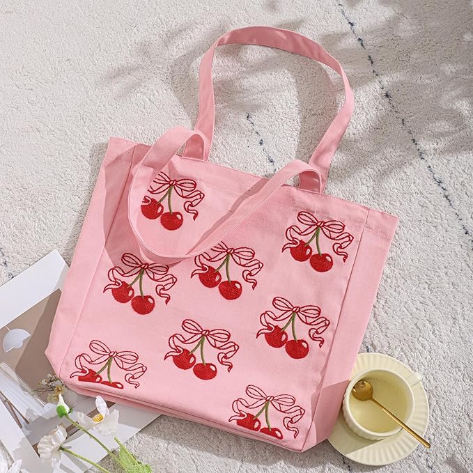 Aesthetic Embroidery Tote Bag for Lady Cute Reusable Canvas Shoulder Bag for Girls Women Shopping Grocery