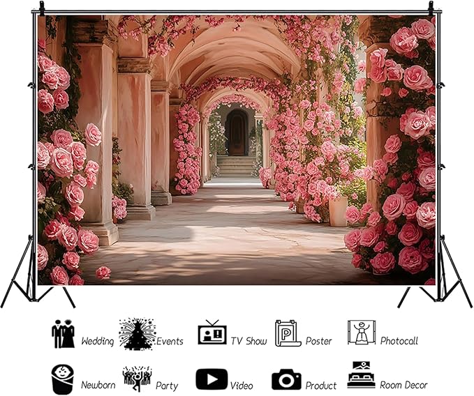 Baocicco 9x6ft Pink Flowers Backdrops for Photoshoot Rose Arch Corridor European Carving Wall Photo Background for Women Bridal Shower Birthday Marriage Valentines Mothers Day Backdrop Decorations
