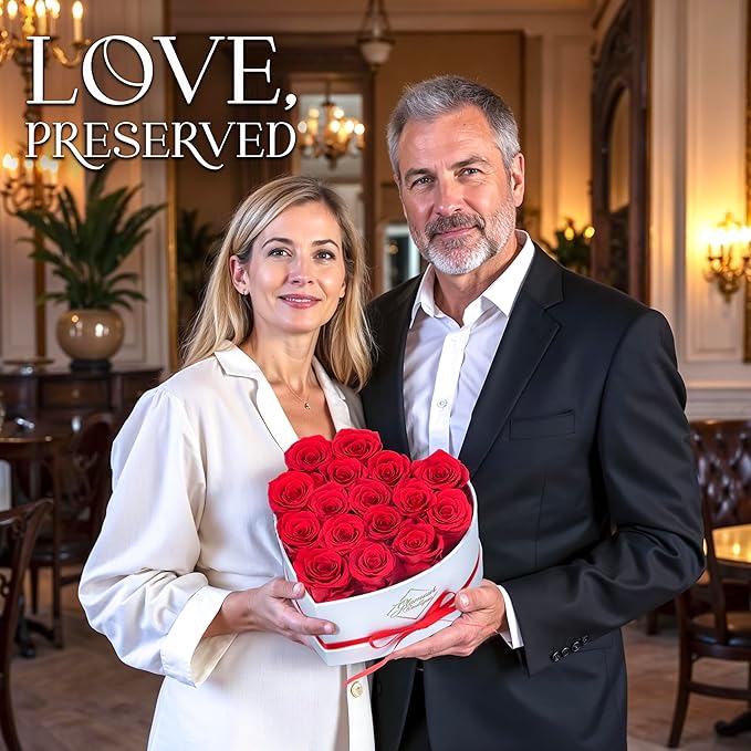 GLAMOUR BOUTIQUE Preserved Roses in a Box - Gifts for Her, Wife & Mom, Rose Flowers Forever Decor for Birthday Gift, Get Well Flower Bouquet Cased in White Box with Cover - Red - 16-Piece