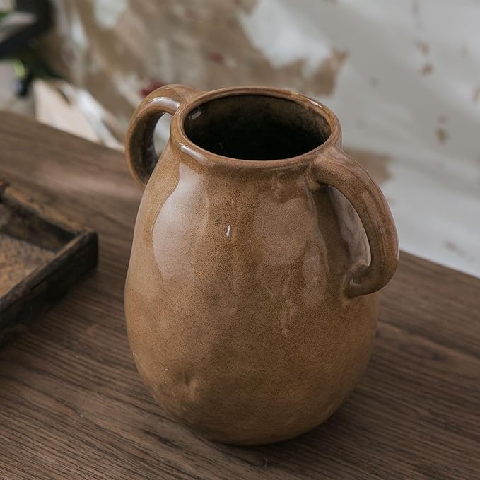 Brown Ceramic Vase with 2 Handles for Modern Farmhouse Home Decor, Vintage Rustic Decorative Vases, Small Vase for Fresh and Dried Flowers, Centerpiece Table Decorations, 7 Inch